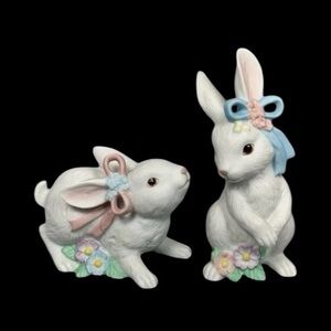 H J & G Easter Bunny Easter Figurines White W Pink & Blue Floral Bows